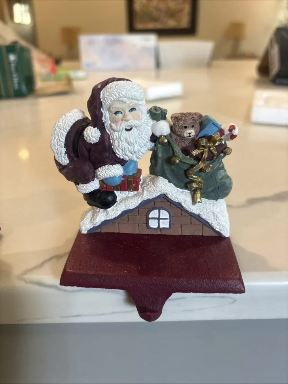 2 Vintage Trim a Home Cast Iron and Resin Stocking Holder Santa Claus & Snowman
